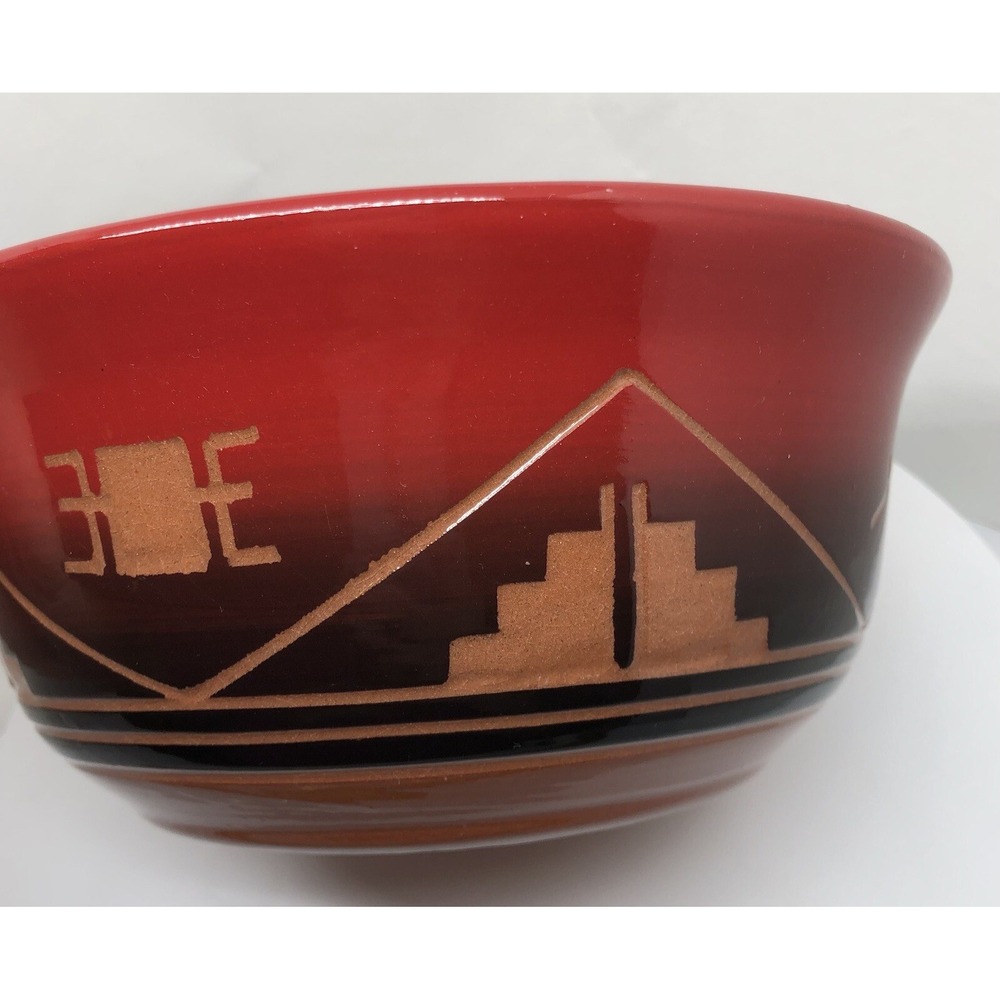 Original Art Pottery Native American Traditional Symbols Bowl Artisan Signed Red - Picture 2 of 16